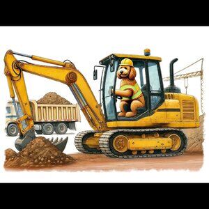 Golden Doodle Dog Driving Big Digger Art Print Limited Edition Signed & Numbered